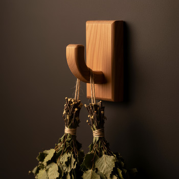 Birch broom hanging on a cedar hook