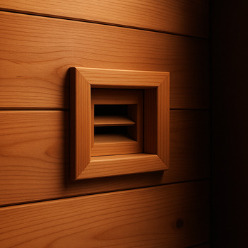 Low inlet vent framed in cedar near the stove