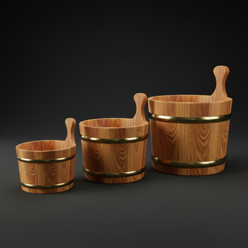 Three cedar buckets of different capacities with brass bands