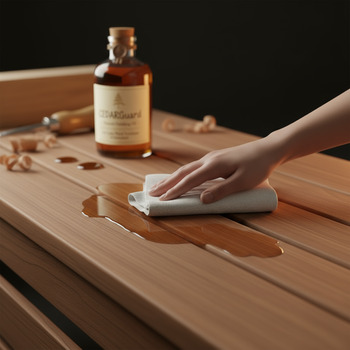 Cloth applying a thin oil film on a cedar bench