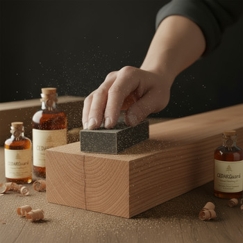 Fine sanding block smoothing a bench edge