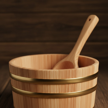 Cedar bucket with tight brass band and ladle