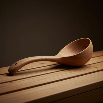 Long cedar ladle resting on bench