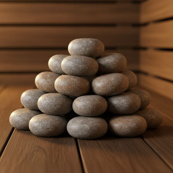 Rounded sauna stones stacked for even steam