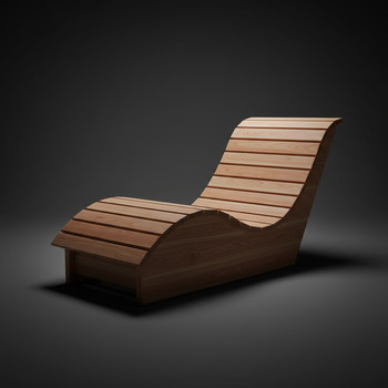 Lounger-style cedar bench with reclined profile
