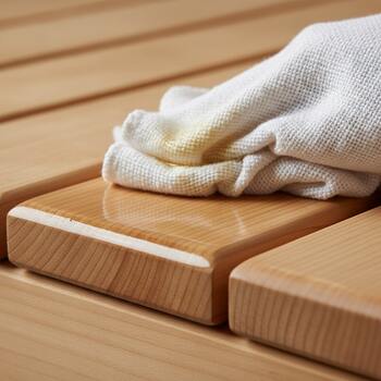 Cloth wiping oil on a cedar bench edge