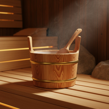 Cedar bucket with ladle set on warm bench slats