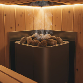 Compact sauna stove loaded with rounded stones