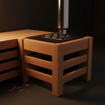 Cedar guard rail with rounded corners near the stove