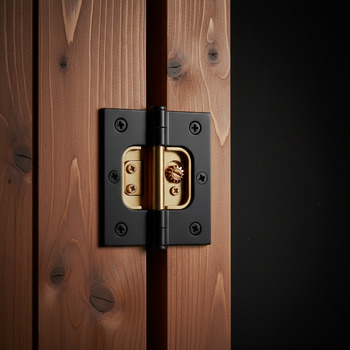 Soft-close hinge detail on a cedar door