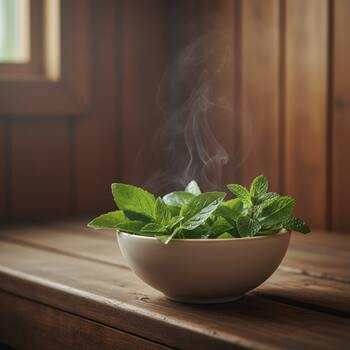 Small bowl with tulsi and mint for a light infusion