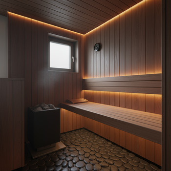 Compact sauna layout with corner bench and vent path