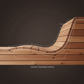 Ergonomic bench profile sketched over cedar slats