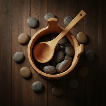 Flat-lay of bucket, ladle and rounded stones