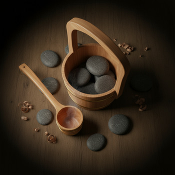 Essential starter kit flat-lay with bucket, ladle, stones