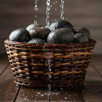 Basket of rounded stove stones being rinsed