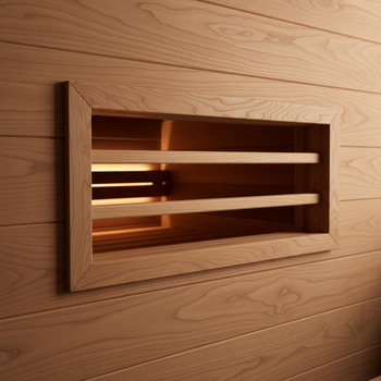 Small sauna vent window framed in cedar